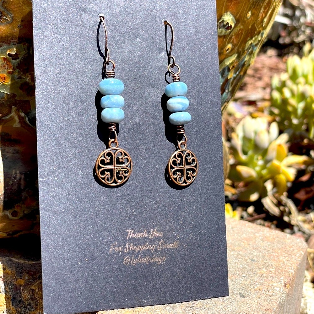 Elegant Blue Opal and Bronze Celtic Dangle Earrings